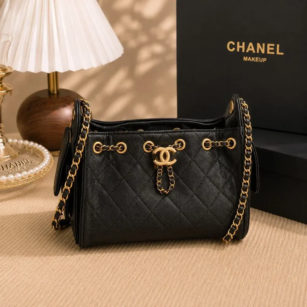 Chanel Black Quilted Leather Shoulder Tote with Gold Chain